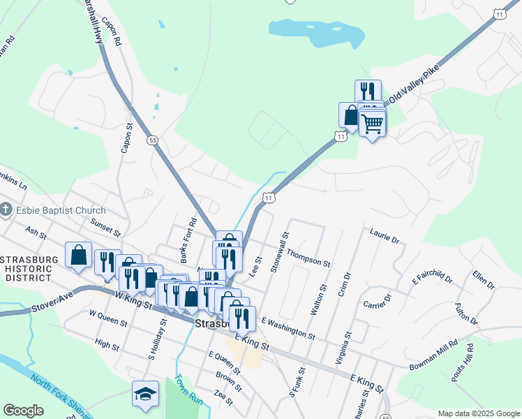 map of restaurants, bars, coffee shops, grocery stores, and more near 496 North Massanutten Street in Strasburg