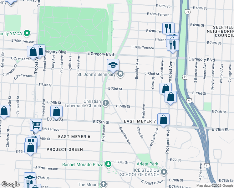 map of restaurants, bars, coffee shops, grocery stores, and more near 7318 Euclid Avenue in Kansas City
