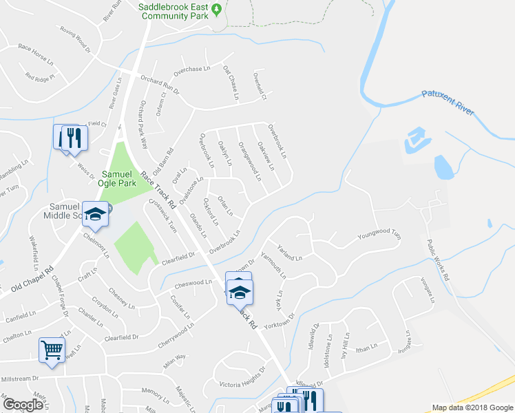 map of restaurants, bars, coffee shops, grocery stores, and more near 13205 Overbrook Lane in Bowie