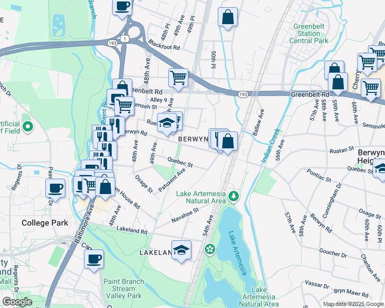 map of restaurants, bars, coffee shops, grocery stores, and more near 5027 Berwyn Road in College Park