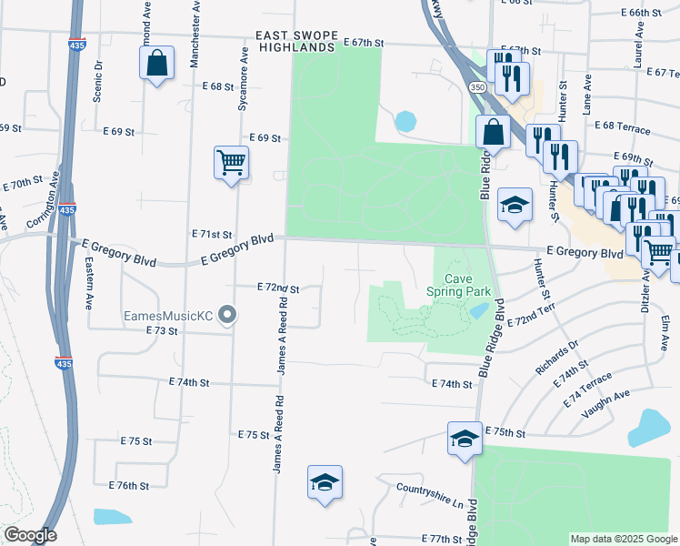 map of restaurants, bars, coffee shops, grocery stores, and more near 8401 71st Terrace in Kansas City
