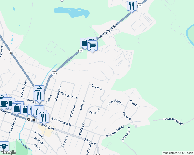 map of restaurants, bars, coffee shops, grocery stores, and more near 162 Abby Lane in Strasburg