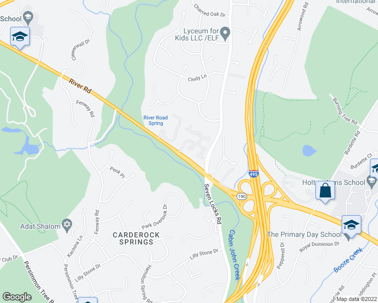 map of restaurants, bars, coffee shops, grocery stores, and more near 8301 Rising Ridge Way in Bethesda