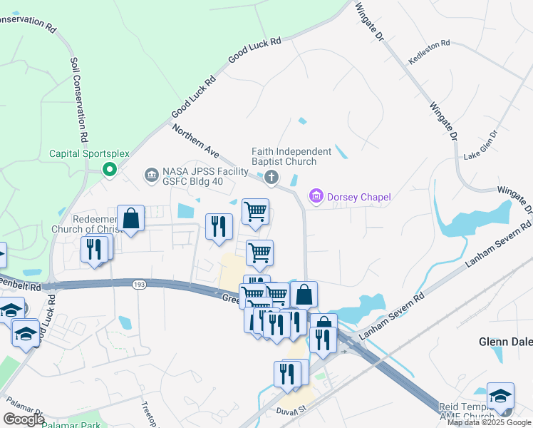map of restaurants, bars, coffee shops, grocery stores, and more near 10535 John Glenn Street in Lanham