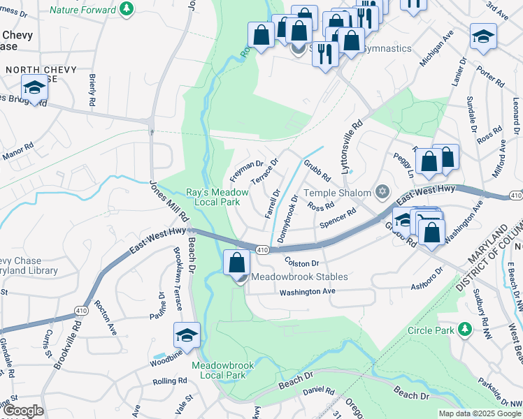 map of restaurants, bars, coffee shops, grocery stores, and more near 2940 Terrace Drive in Chevy Chase