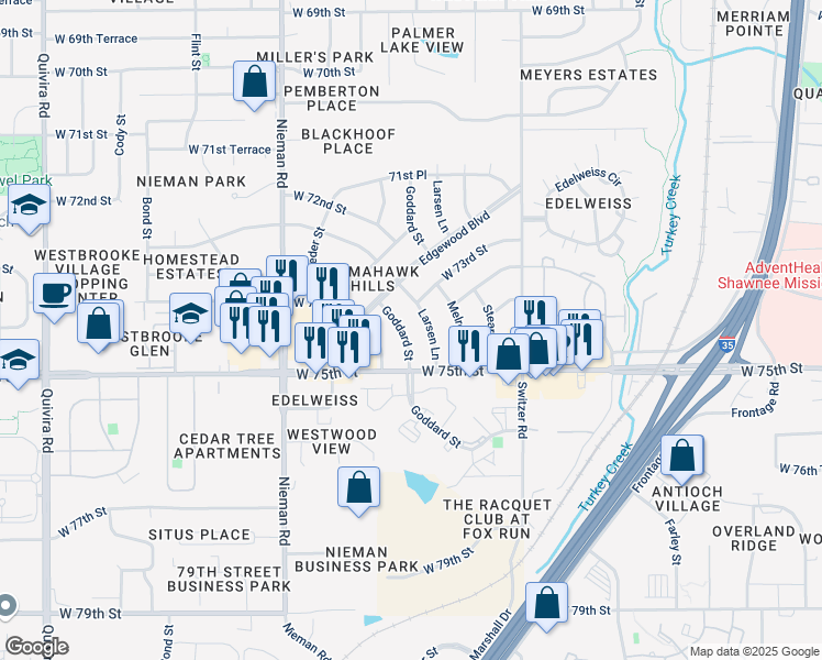 map of restaurants, bars, coffee shops, grocery stores, and more near 7400 Goddard Street in Shawnee