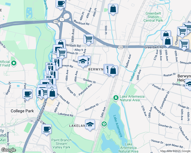 map of restaurants, bars, coffee shops, grocery stores, and more near 5027 Berwyn Road in College Park