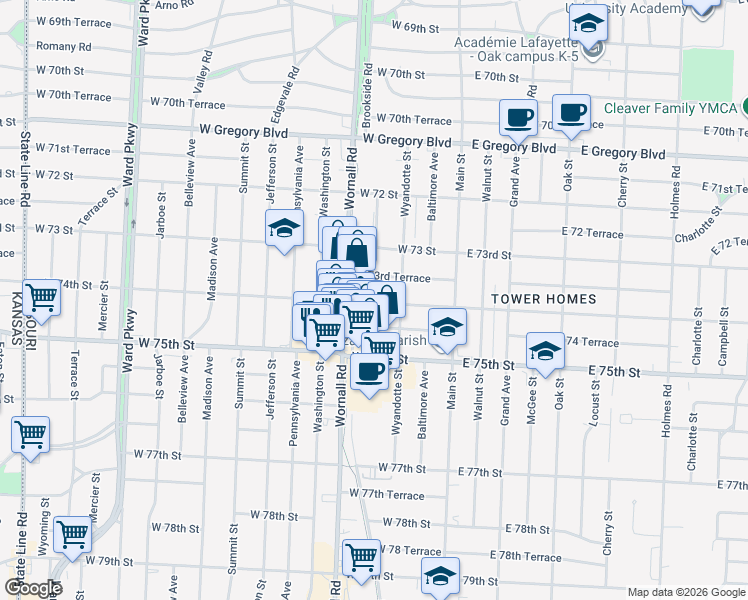 map of restaurants, bars, coffee shops, grocery stores, and more near in Kansas City