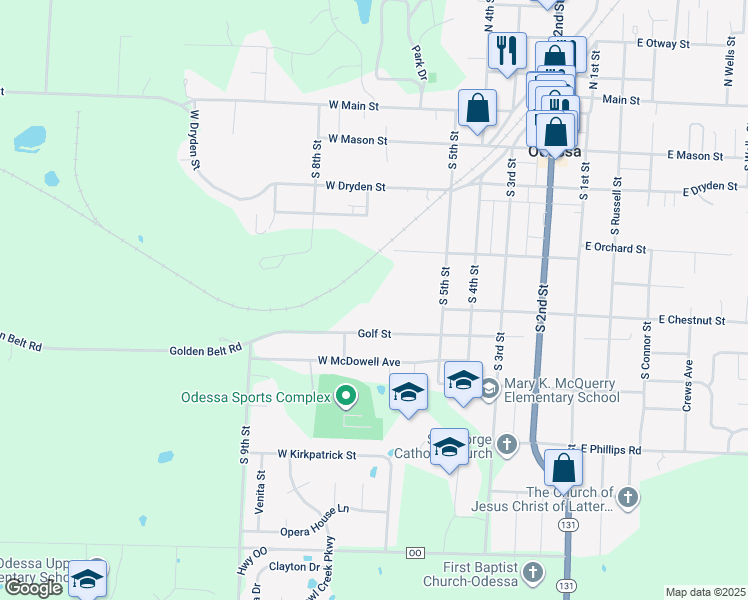 map of restaurants, bars, coffee shops, grocery stores, and more near 609 Golf Street in Odessa