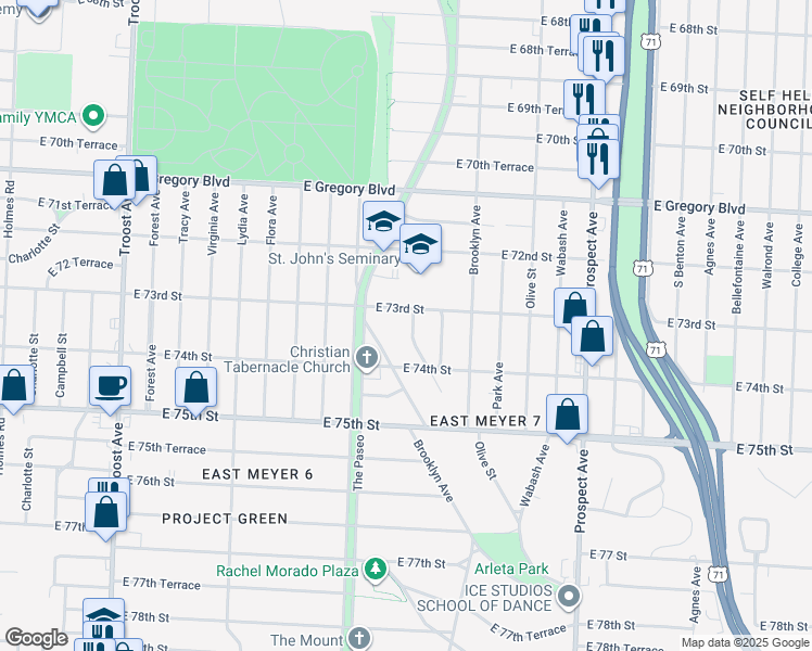 map of restaurants, bars, coffee shops, grocery stores, and more near 7318 Euclid Avenue in Kansas City