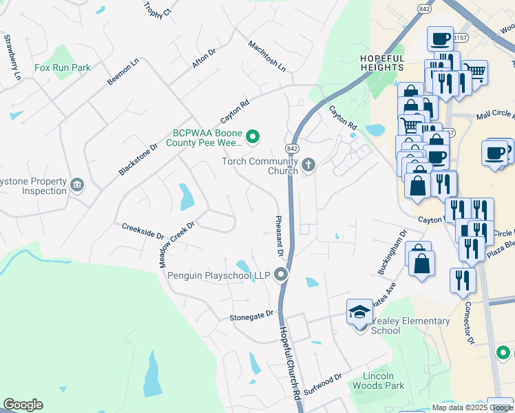map of restaurants, bars, coffee shops, grocery stores, and more near 8484 Partridge Circle in Florence