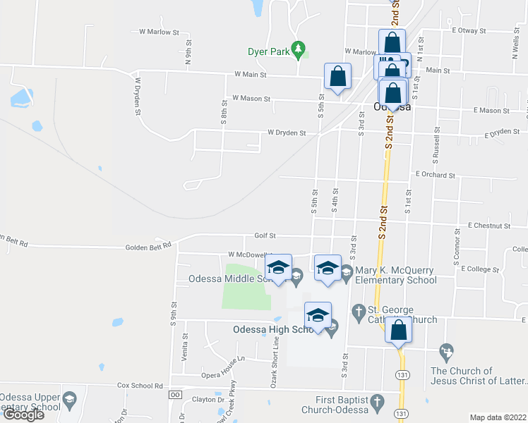 map of restaurants, bars, coffee shops, grocery stores, and more near 609 Golf Street in Odessa