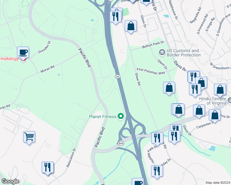 map of restaurants, bars, coffee shops, grocery stores, and more near 22590 Relocation Drive in Sterling