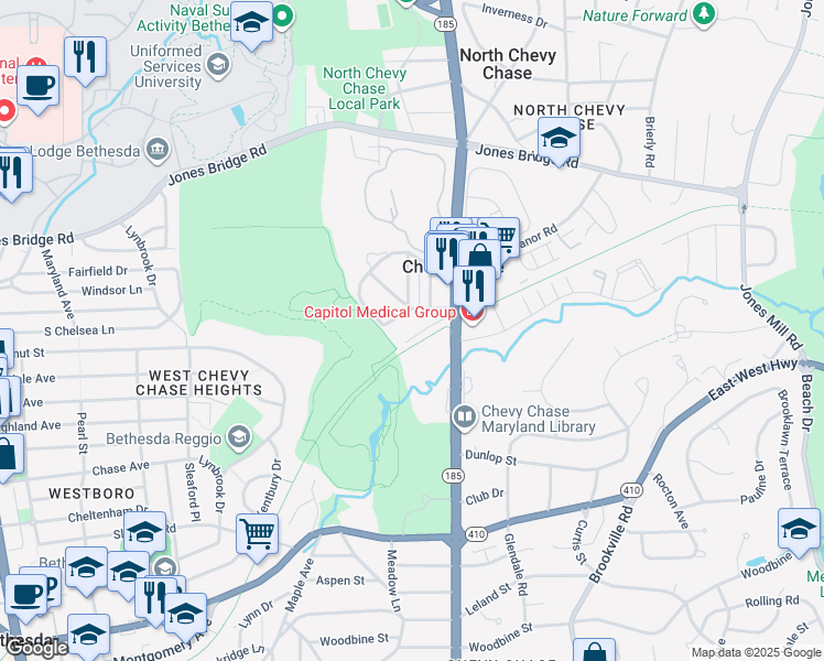 map of restaurants, bars, coffee shops, grocery stores, and more near 3939 Newdale Road in Chevy Chase