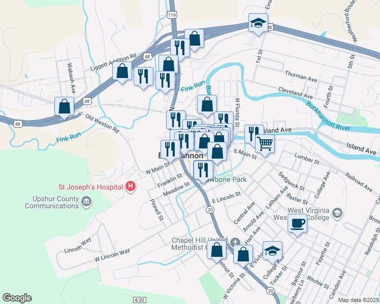 map of restaurants, bars, coffee shops, grocery stores, and more near 12 North Kanawha Street in Buckhannon