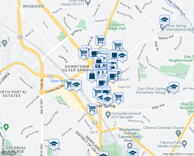 map of restaurants, bars, coffee shops, grocery stores, and more near 8484 Georgia Avenue in Silver Spring