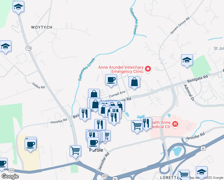 map of restaurants, bars, coffee shops, grocery stores, and more near in Annapolis