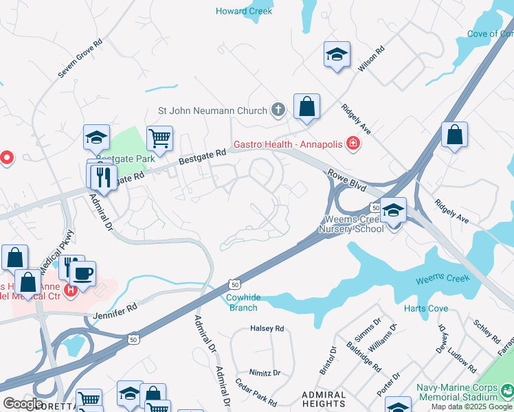 map of restaurants, bars, coffee shops, grocery stores, and more near 502 Mathias Hammond Way in Annapolis
