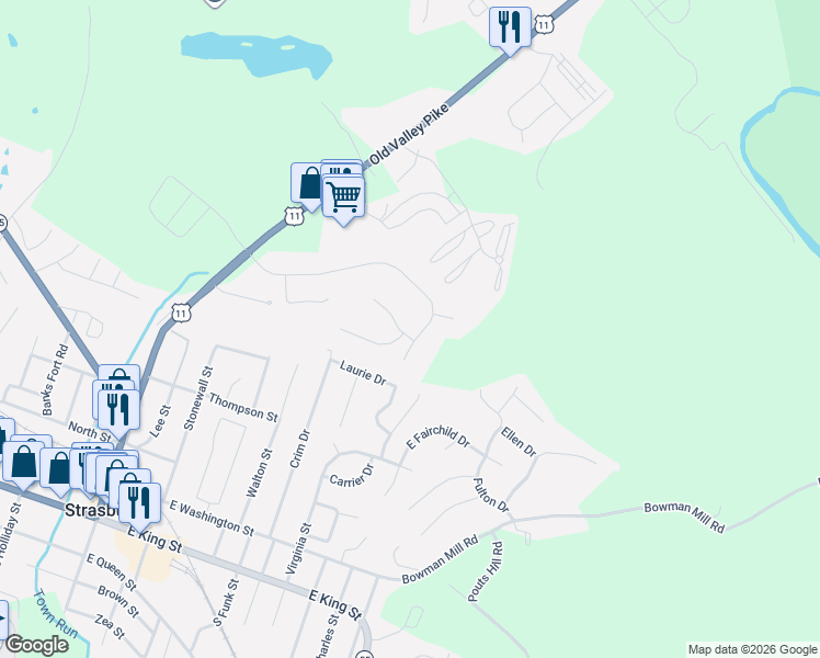 map of restaurants, bars, coffee shops, grocery stores, and more near 136 Crystal Place in Strasburg