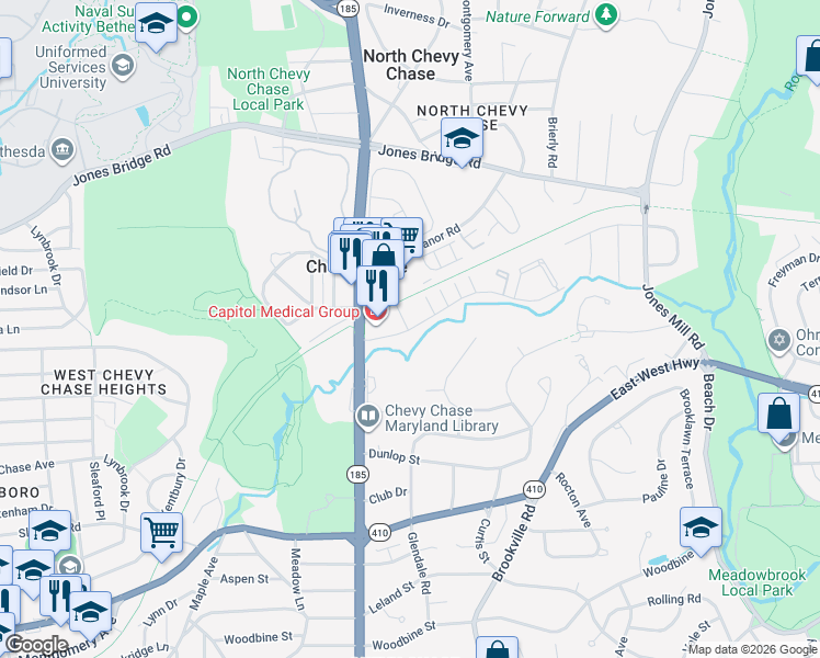 map of restaurants, bars, coffee shops, grocery stores, and more near 3719 Chevy Chase Lake Dr in Chevy Chase