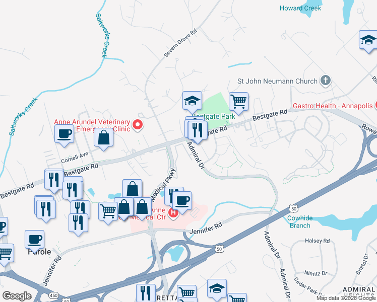 map of restaurants, bars, coffee shops, grocery stores, and more near 29 Harbour Heights Drive in Annapolis