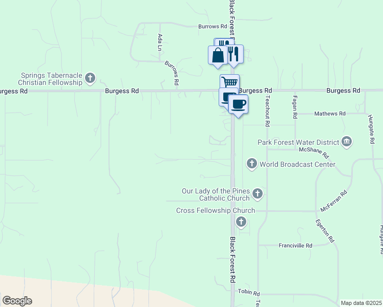 map of restaurants, bars, coffee shops, grocery stores, and more near 11190 Black Forest Road in Colorado Springs