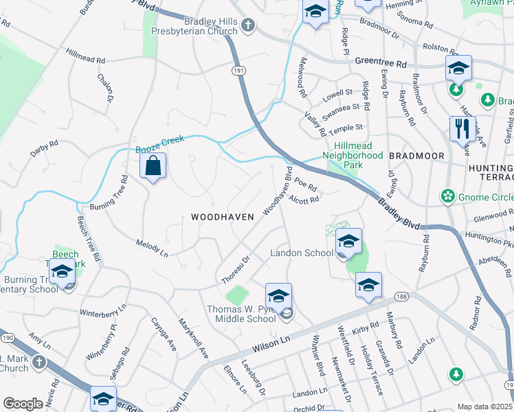 map of restaurants, bars, coffee shops, grocery stores, and more near 8403 Whitman Drive in Bethesda