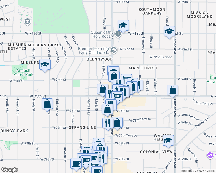 map of restaurants, bars, coffee shops, grocery stores, and more near 7420 Metcalf Avenue in Overland Park