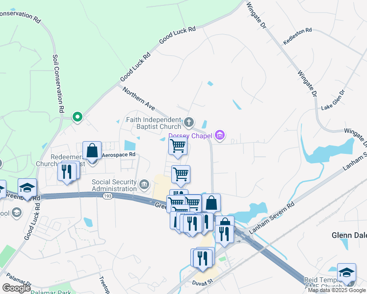 map of restaurants, bars, coffee shops, grocery stores, and more near 10535 John Glenn Street in Lanham