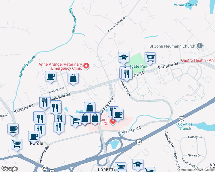 map of restaurants, bars, coffee shops, grocery stores, and more near 1978 Scotts Crossing Way in Annapolis