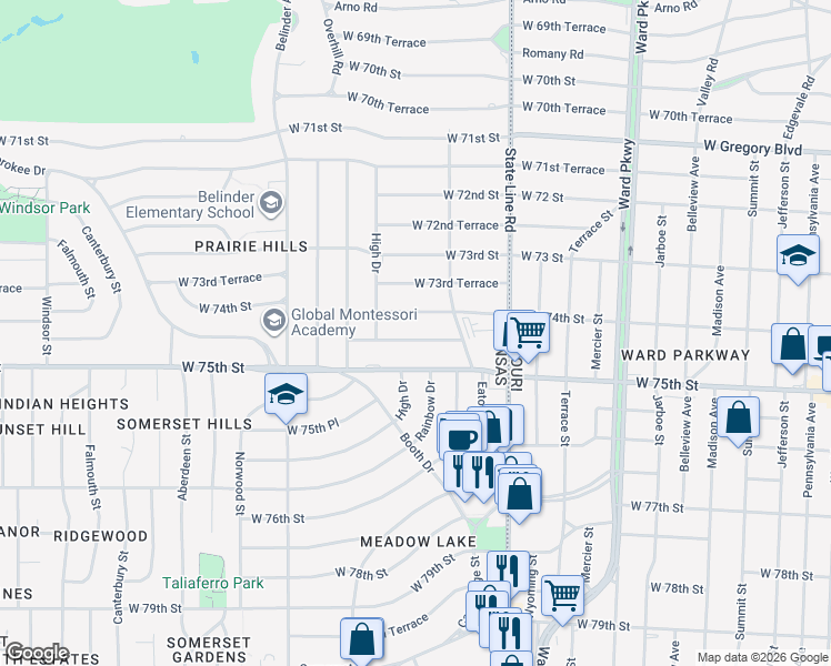 map of restaurants, bars, coffee shops, grocery stores, and more near 2217 West 74th Terrace in Prairie Village