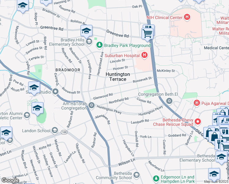 map of restaurants, bars, coffee shops, grocery stores, and more near 5607 Glenwood Road in Bethesda