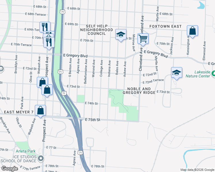 map of restaurants, bars, coffee shops, grocery stores, and more near 3324 East 73rd Street in Kansas City
