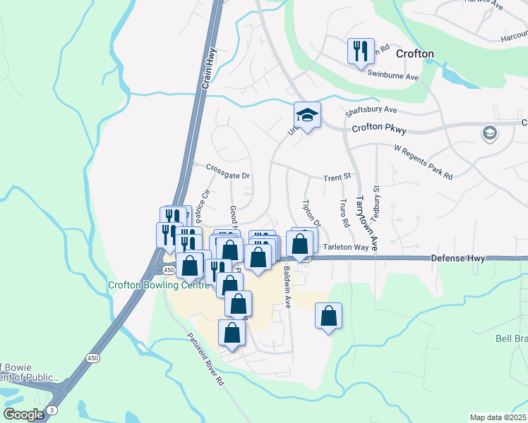 map of restaurants, bars, coffee shops, grocery stores, and more near 1709 Urby Drive in Crofton