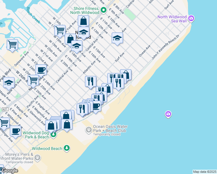 map of restaurants, bars, coffee shops, grocery stores, and more near 1800 Ocean Avenue in North Wildwood