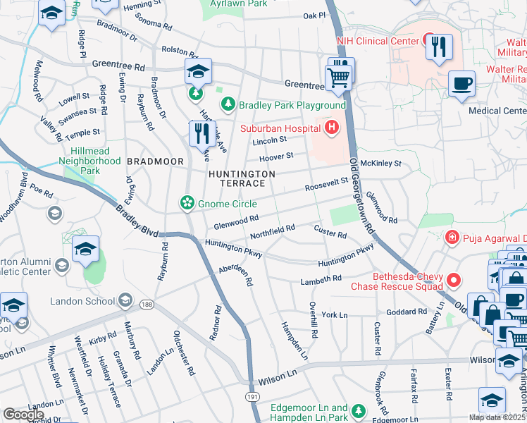 map of restaurants, bars, coffee shops, grocery stores, and more near 5607 Glenwood Road in Bethesda