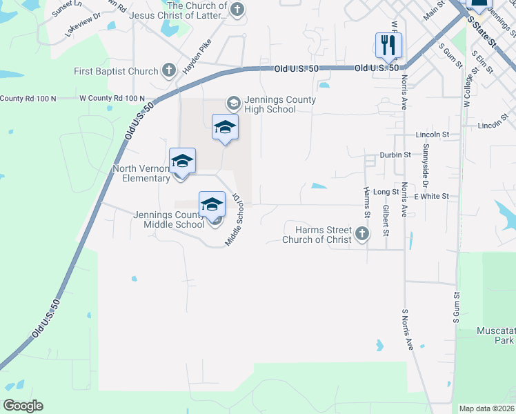 map of restaurants, bars, coffee shops, grocery stores, and more near 309 Childs Lane in North Vernon