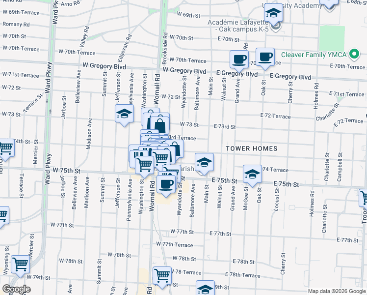 map of restaurants, bars, coffee shops, grocery stores, and more near in Kansas City