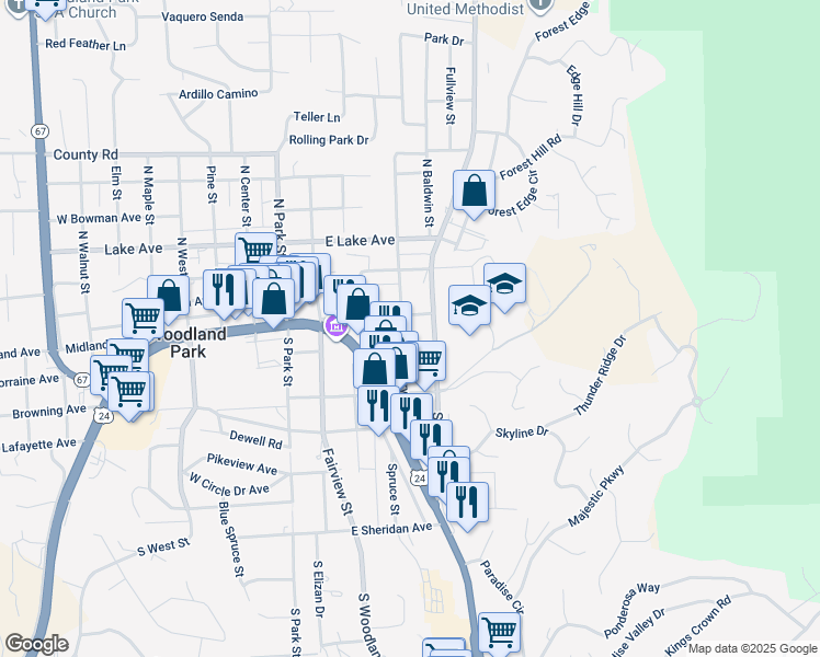 map of restaurants, bars, coffee shops, grocery stores, and more near 109 Boundary Road in Woodland Park