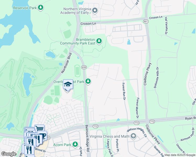 map of restaurants, bars, coffee shops, grocery stores, and more near 22514 Snow Powder Terrace in Ashburn