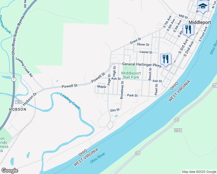 map of restaurants, bars, coffee shops, grocery stores, and more near Page Street in Middleport