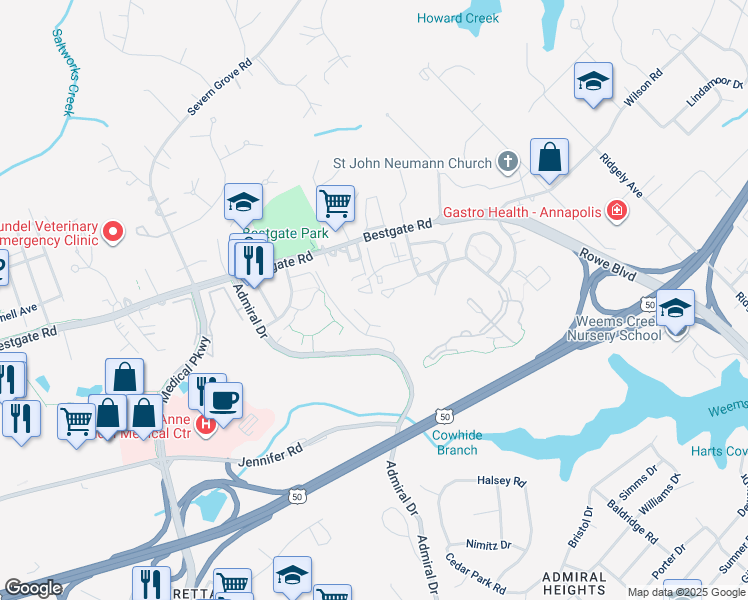 map of restaurants, bars, coffee shops, grocery stores, and more near 801 Latchmere Court in Annapolis