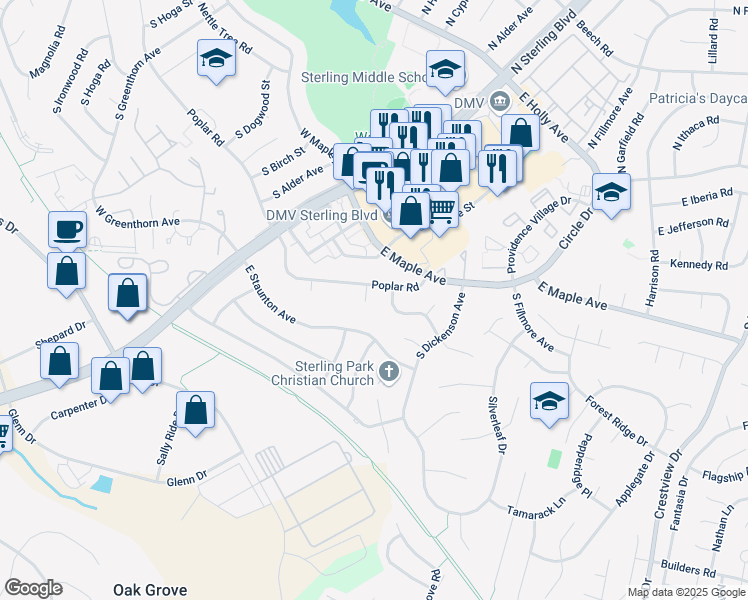 map of restaurants, bars, coffee shops, grocery stores, and more near 902 South Buckingham Court in Sterling