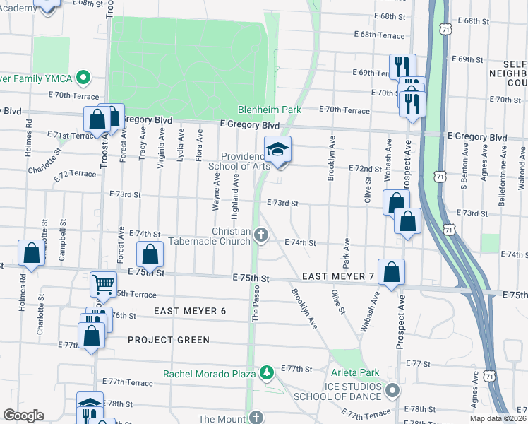 map of restaurants, bars, coffee shops, grocery stores, and more near 7309 The Paseo in Kansas City