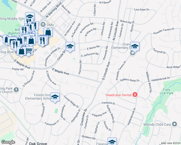 map of restaurants, bars, coffee shops, grocery stores, and more near 1212 East Lee Road in Sterling