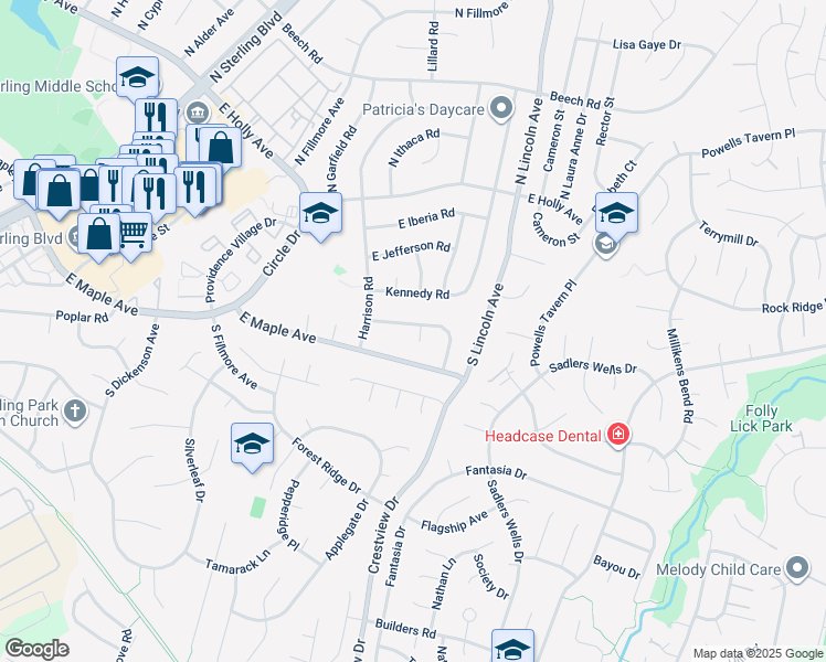 map of restaurants, bars, coffee shops, grocery stores, and more near 1212 East Lee Road in Sterling