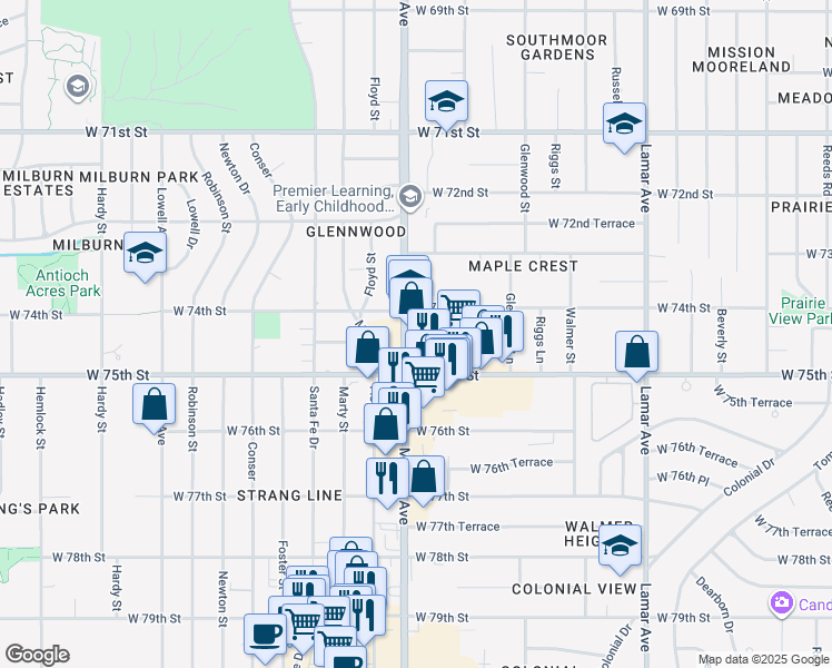 map of restaurants, bars, coffee shops, grocery stores, and more near 7420 Metcalf Avenue in Overland Park