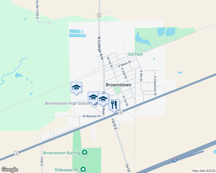 map of restaurants, bars, coffee shops, grocery stores, and more near 204 West Maple Street in Brownstown