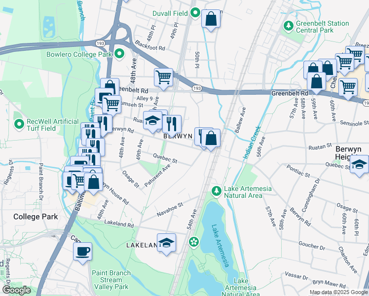 map of restaurants, bars, coffee shops, grocery stores, and more near 5041 Berwyn Road in College Park