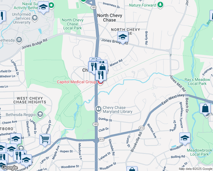 map of restaurants, bars, coffee shops, grocery stores, and more near 3650 Chevy Chase Lake Drive in Bethesda